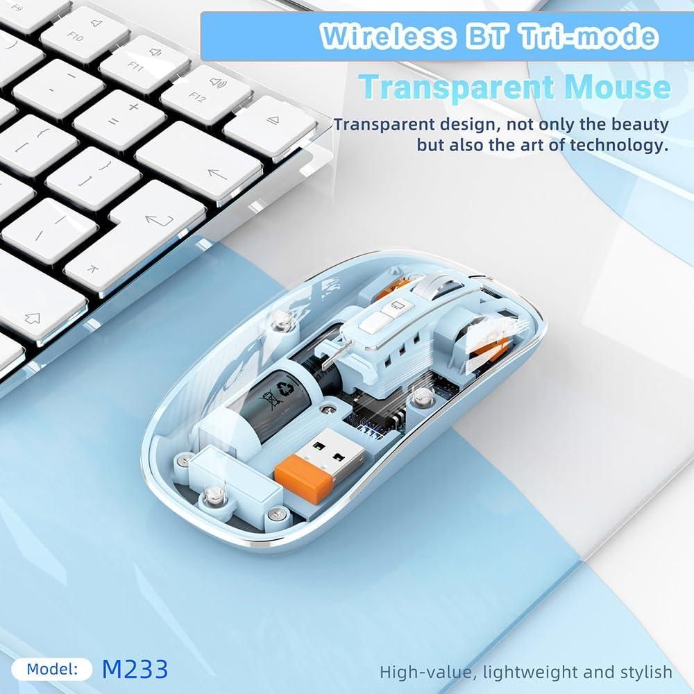 Transparent Wireless and Bluetooth Rechargeable Mouse, USB Receiver,LED Battery Magic Silm for