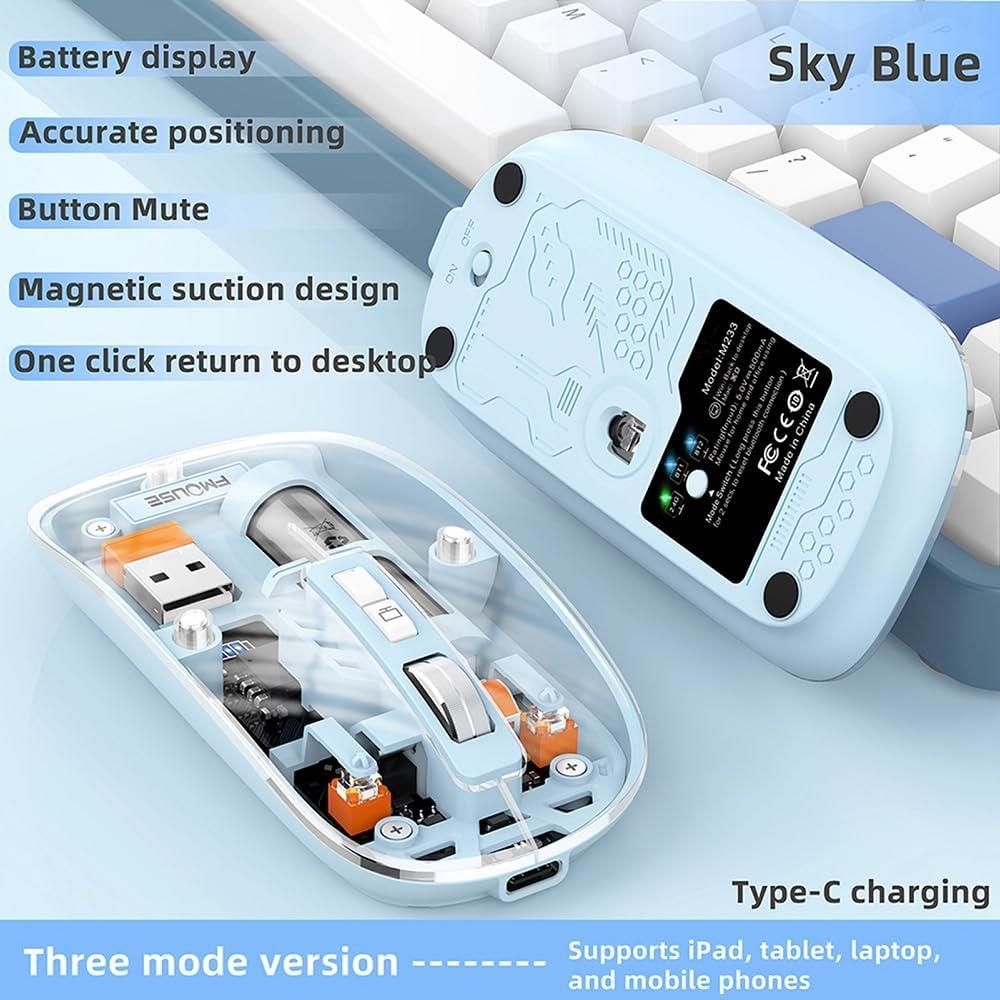Transparent Wireless and Bluetooth Rechargeable Mouse, USB Receiver,LED Battery Magic Silm for