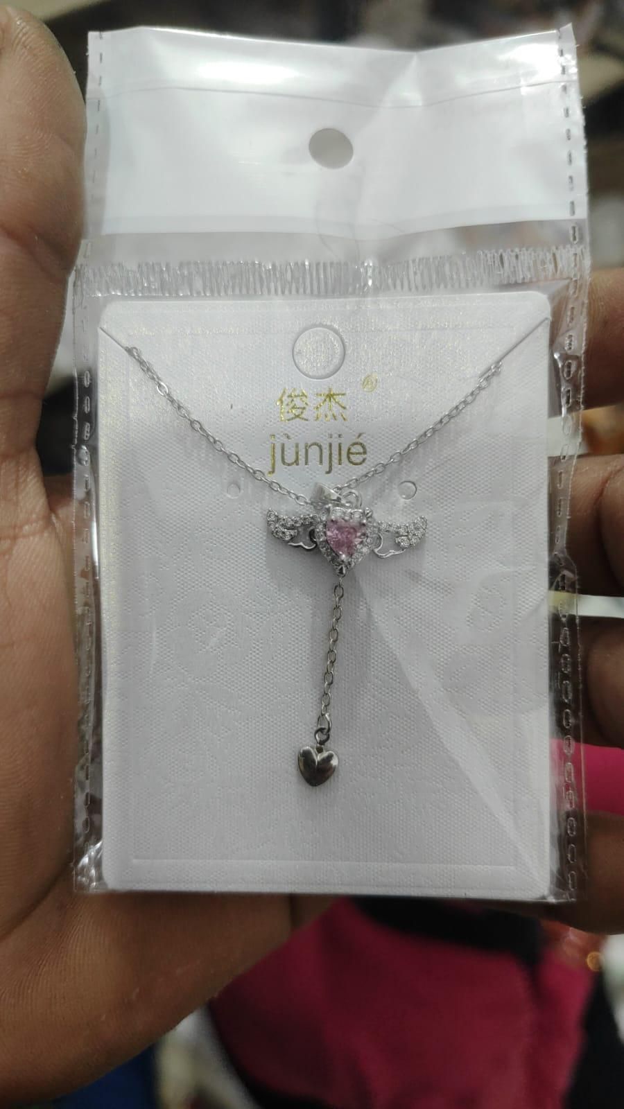 Silver Plated Chain With Heart Angel Wings Pendant