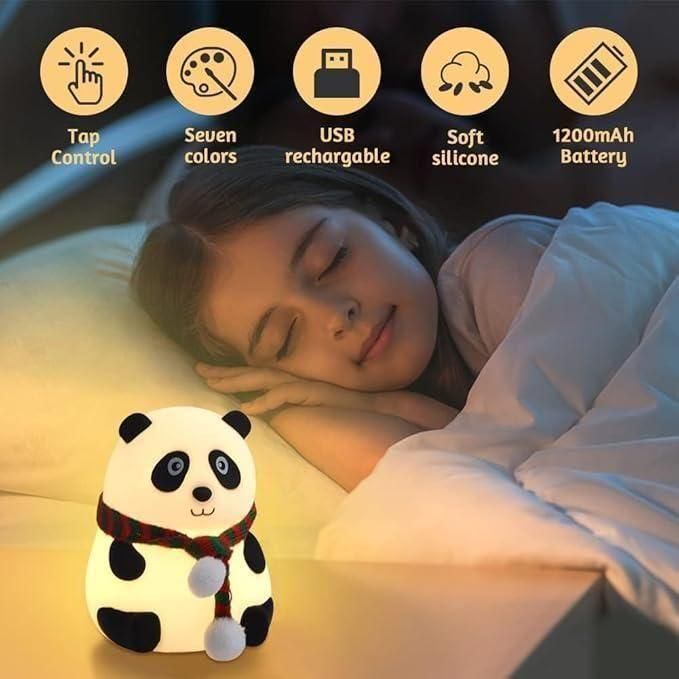 Panda Night Light for Kids - Soft Silicone Rechargeable Lamp with Tap Control, Multi-Color Modes, and Non-Slip Base - Perfect for Bedside, Baby Rooms, and Gifting